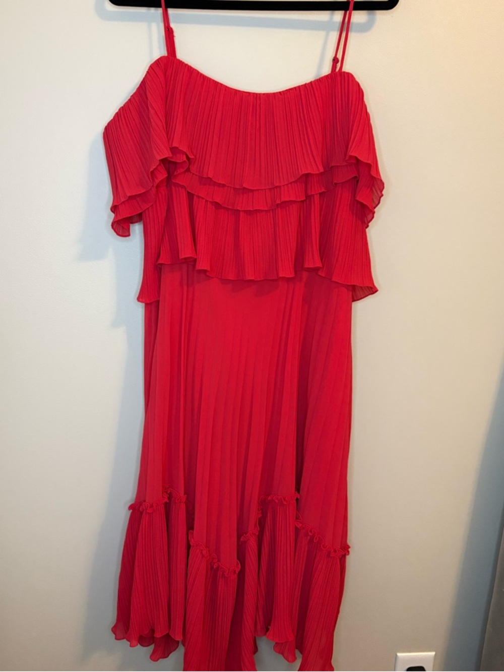 Halston Heritage Red Pleated Ruffle Midi Dress Strappy L NWOT - Picture 2 of 11